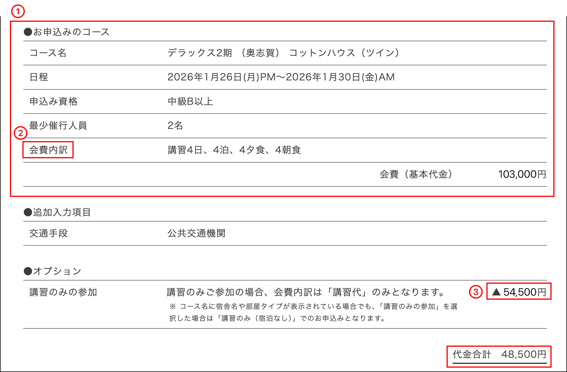 お申込み確定後の「申込み詳細」ページの見方
